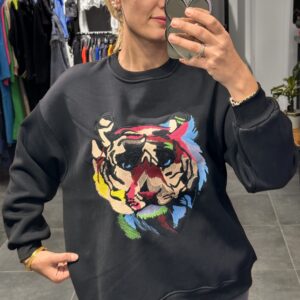 SİYAH KAPLAN İŞLEMELİ ŞARDONLU SWEAT - Görsel 3
