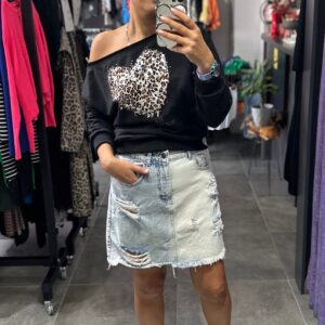 SİYAH KALP LEOPAR OMZU DÜŞÜK SWEAT - Görsel 5