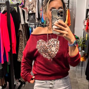 BORDO KALP LEOPAR OMZU DÜŞÜK SWEAT - Görsel 7