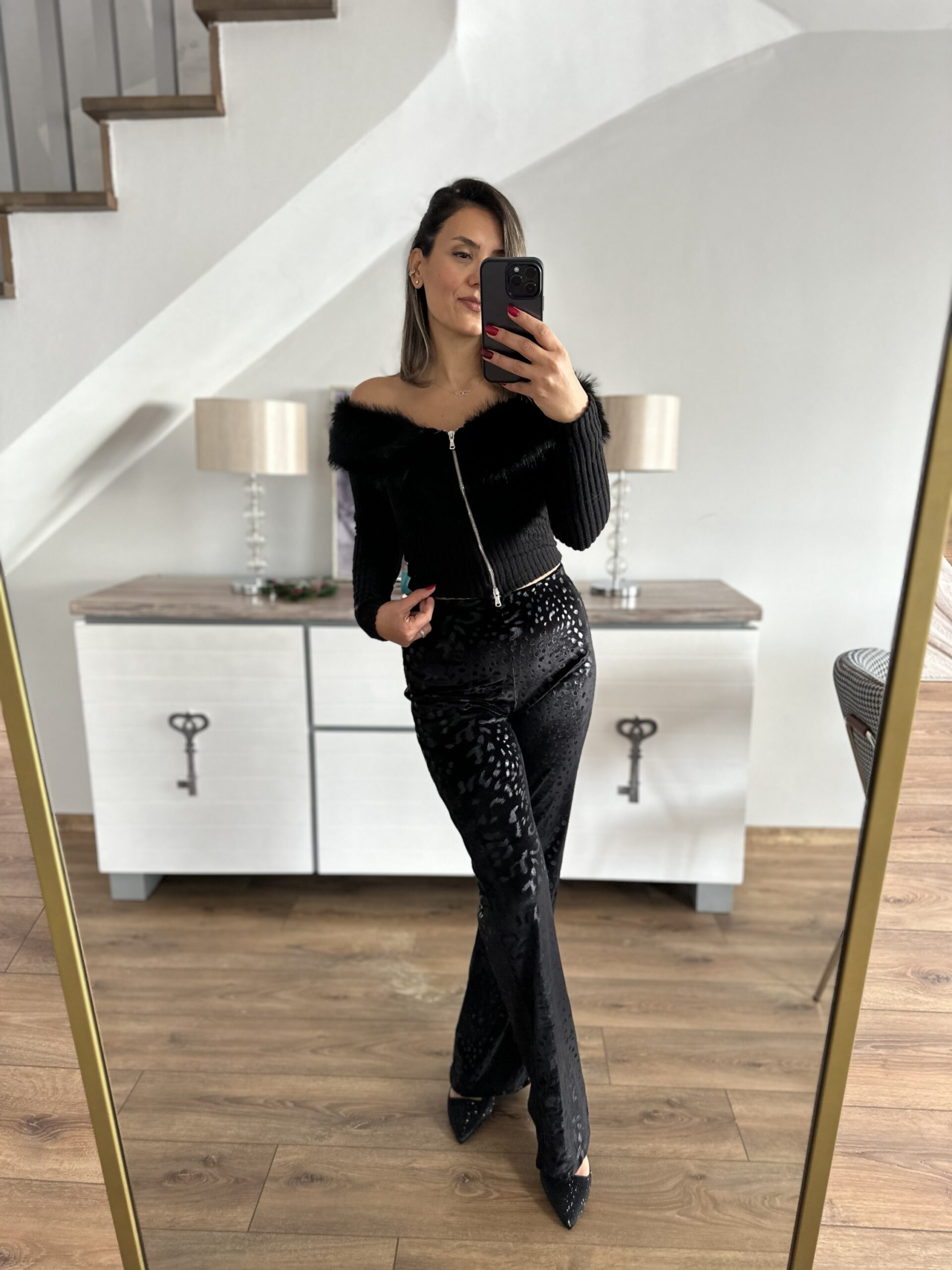 SİYAH KADİFE LEOPAR PANTOLON - Görsel 2