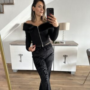 SİYAH KADİFE LEOPAR PANTOLON - Görsel 3