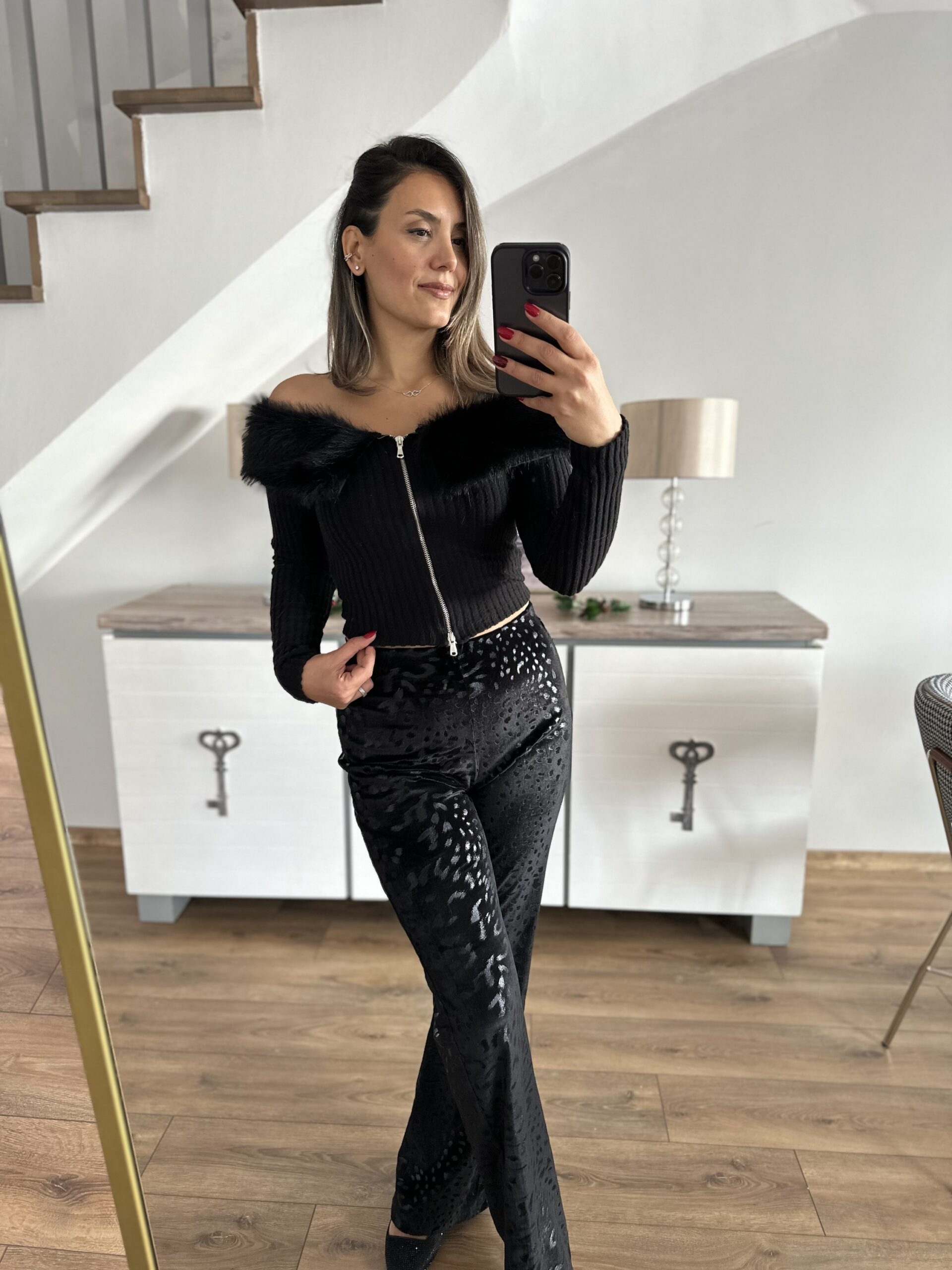 SİYAH KADİFE LEOPAR PANTOLON - Görsel 3