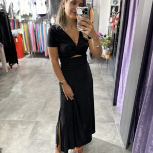 SİYAH KARIN DEKOLTELİ UZUN ELBİSE - Görsel 5