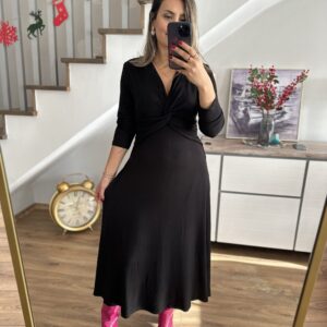 SİYAH BÜKLÜMLÜ UZUN ELBİSE - Görsel 5