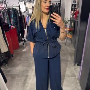 LACİVERT BEL BÜZGÜLÜ CEKET PNT TAKIM