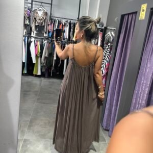 KAHVE ASKILI PÜSKÜLLÜ ELBİSE
