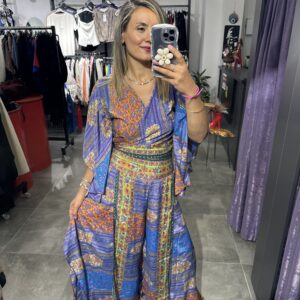 İPEK YEŞİL MAVİ TURUNCU PANTOLON BLUZ TAKIM - Görsel 3