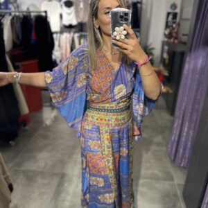 İPEK YEŞİL MAVİ TURUNCU PANTOLON BLUZ TAKIM - Görsel 5