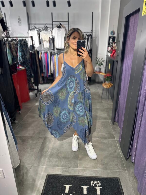 MAVİ EBRU DESENLİ ASKILI ELBİSE ASİMETRİK - Görsel 3