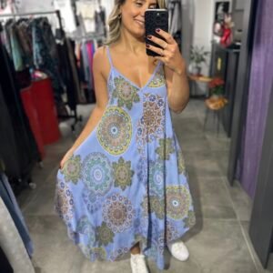LİLA EBRU DESENLİ ASKILI ELBİSE ASİMETRİK