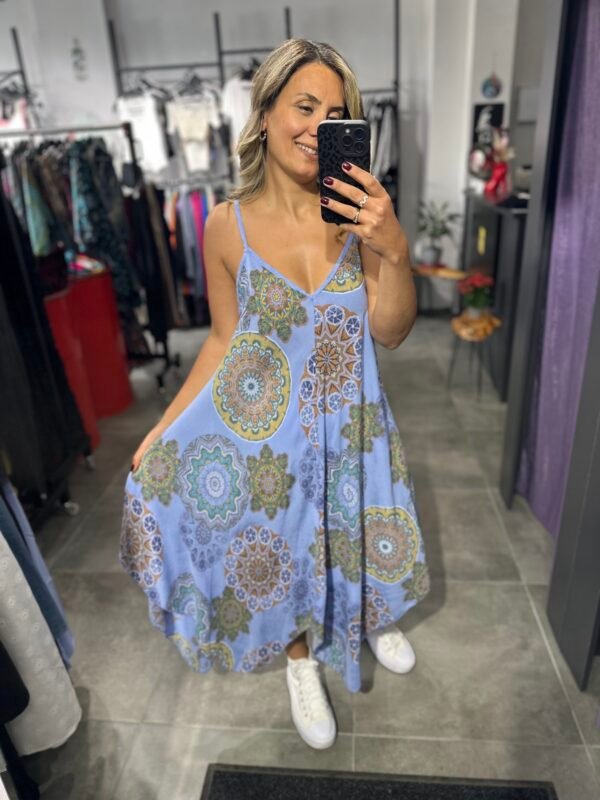 LİLA EBRU DESENLİ ASKILI ELBİSE ASİMETRİK
