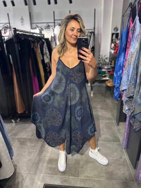LACİVERT EBRU DESENLİ ASKILI ELBİSE ASİMETRİK - Görsel 2