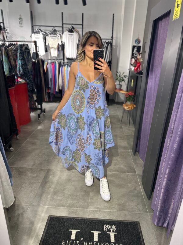 LİLA EBRU DESENLİ ASKILI ELBİSE ASİMETRİK - Görsel 3