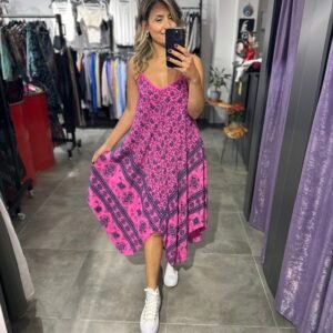 PEMBE DESENLİ ASKILI ELBİSE ASİMETRİK
