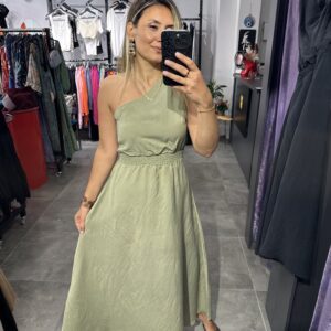 YEŞİL TEK OMUZ BEL LASTİKLİ ELBİSE - Görsel 3