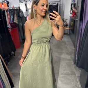 YEŞİL TEK OMUZ BEL LASTİKLİ ELBİSE
