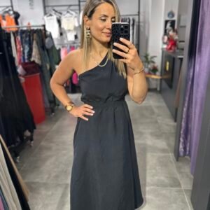 SİYAH TEK OMUZ BEL LASTİKLİ ELBİSE