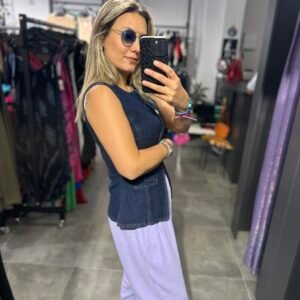 LACİVERT KOT YELEK BELDEN OTURMALI