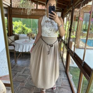 BEJ ŞALVAR GÖRÜNÜMLÜ KETEN KEMERLİ ETEK