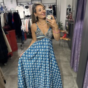MAVİ SİYAH DESENLİ ÖNÜ BAĞLAMALI İTALYAN ELBİSE - Görsel 3