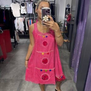 PEMBE KETEN OYALI ELBİSE