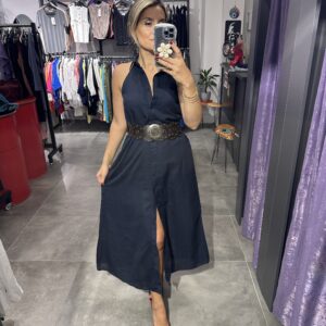 LACİVERT GÖMLEK YAKA KETEN ELBİSE