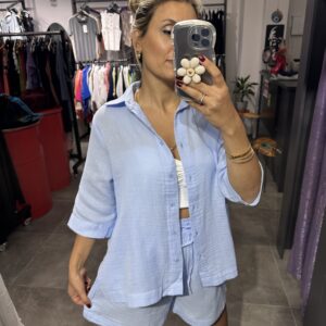 BEBE MAVİ MÜSLİN ŞORT GÖMLEK TAKIM