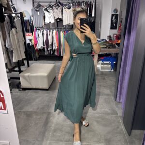 YEŞİL BEL DETAYLI MODAL ELBİSE