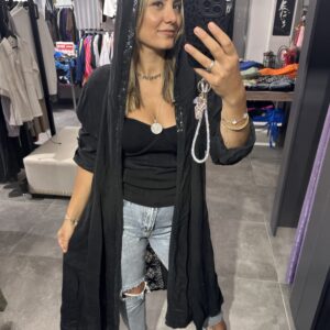 SİYAH KETEN ARKASI DANTEL ŞERİTLİ PUL DETAYLI KAFTAN