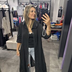SİYAH KETEN ARKASI DANTEL ŞERİTLİ PUL DETAYLI KAFTAN - Görsel 3