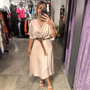 BEJ BELİ KEMERLİ KRUVAZE ELBİSE