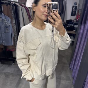 BEJ OMUZ TAŞLI SWEAT PANTOLON TAKIM - Görsel 4