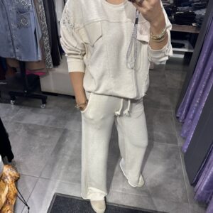 BEJ OMUZ TAŞLI SWEAT PANTOLON TAKIM - Görsel 2