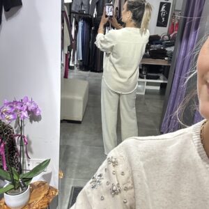 BEJ OMUZ TAŞLI SWEAT PANTOLON TAKIM