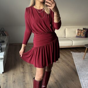 BORDO DRAPELİ MİNİ ELBİSE