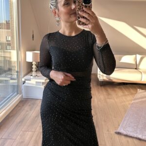 SİYAH TAŞLI TÜL DETAY ELBİSE - Görsel 6