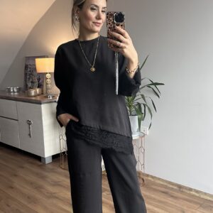 SİYAH DANTEL DETAYLI PANTOLON TAKIM