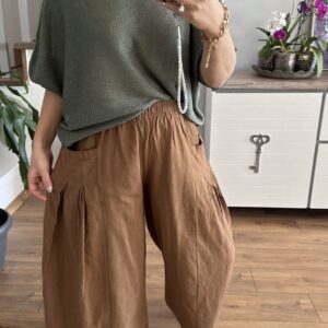 KAHVE CEP PİLELİ KETEN PANTOLON - Görsel 3