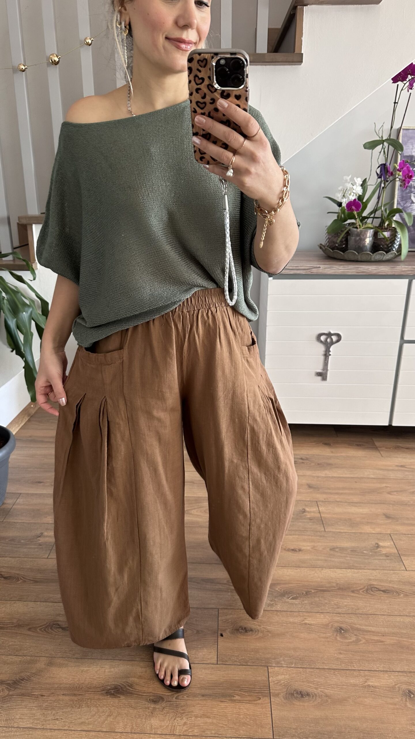 KAHVE CEP PİLELİ KETEN PANTOLON - Görsel 3