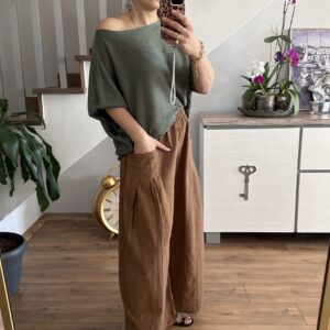 KAHVE CEP PİLELİ KETEN PANTOLON - Görsel 5
