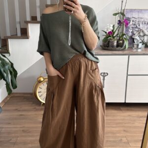KAHVE CEP PİLELİ KETEN PANTOLON - Görsel 6