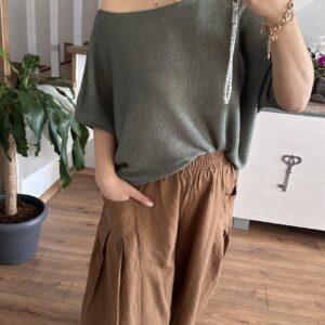 KAHVE CEP PİLELİ KETEN PANTOLON