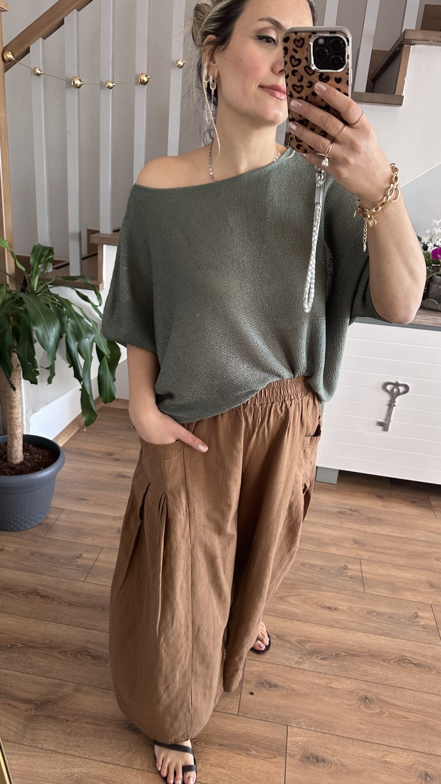 KAHVE CEP PİLELİ KETEN PANTOLON