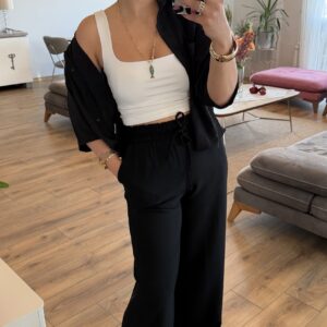 SİYAH BELİ LASTİKLİ KETEN PANTOLON